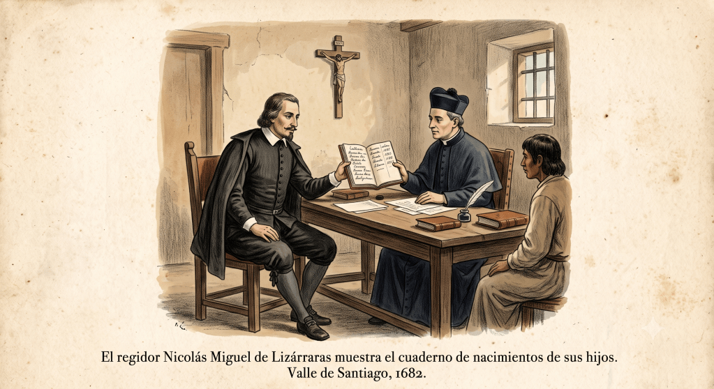 El regidor Nicolás Miguel de Lizárraras muestra el cuaderno de nacimientos de sus hijos.
Valle de Santiago, 1682.